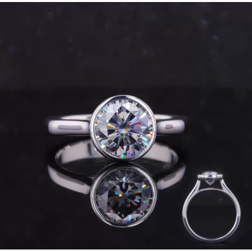 Round Brilliant Cut Grey Color Moissanite Bezel Set Solitaire Engagement Ring